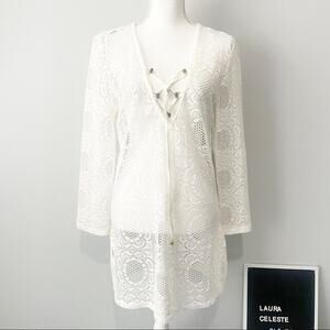 Blue Island white lace fish net cover up size small lace up floral swimwear